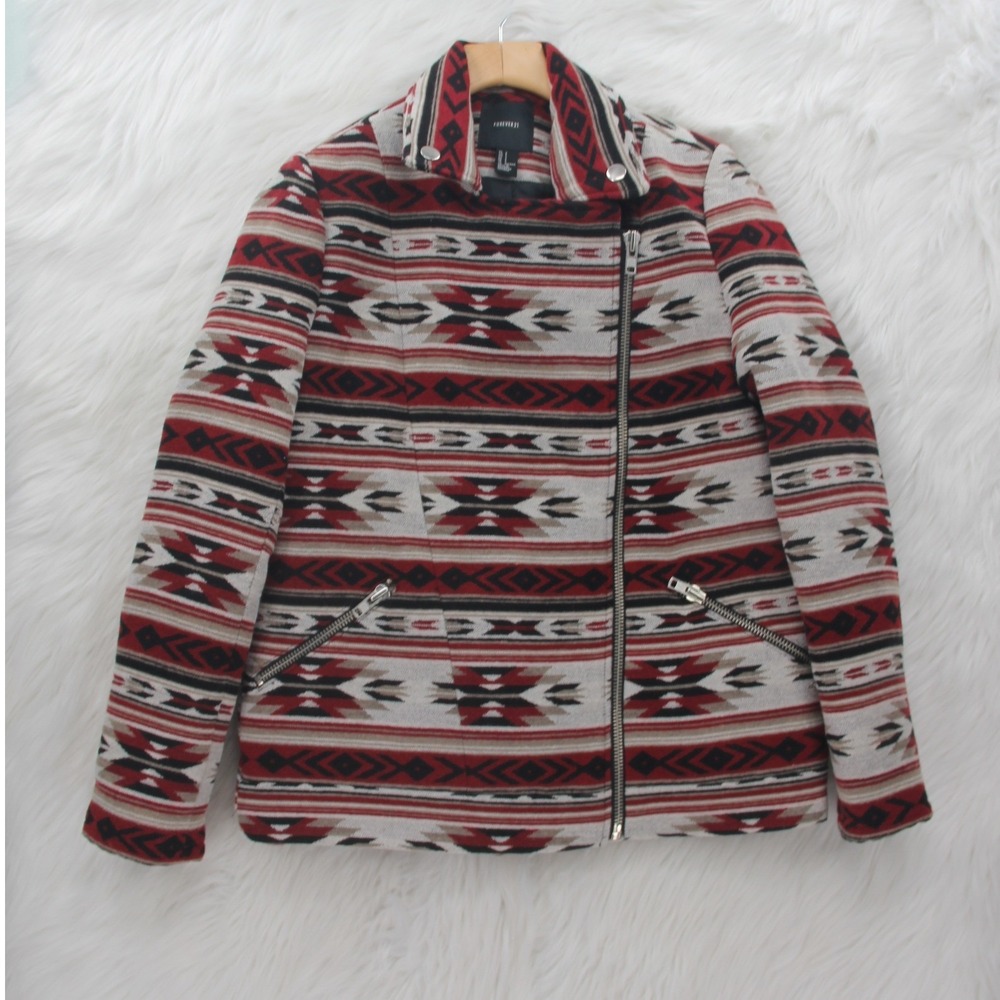 Forever 21 Aztec Tribal Southwestern Moto Jacket Womens Size S Red Black Cream